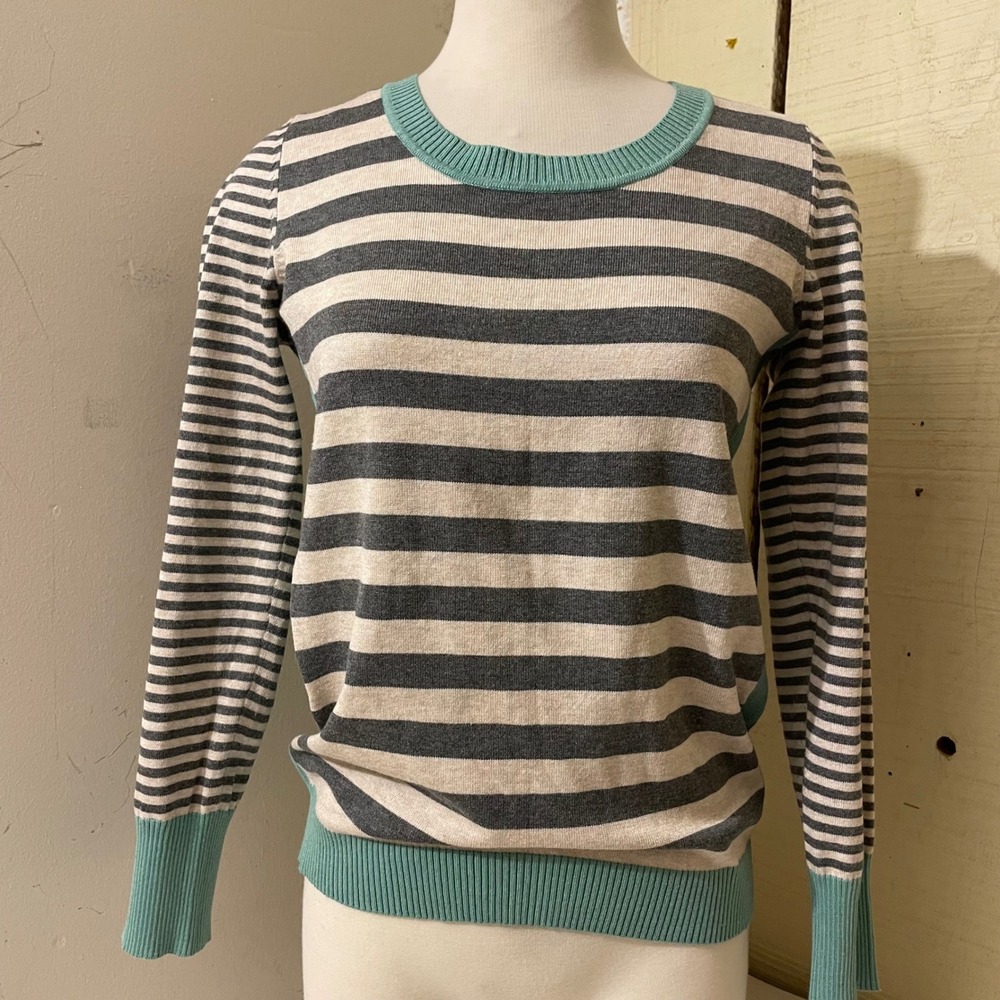 0 + 0 Stitch Fix Womens Medium Striped Crew‎ Neck Sweater Teal Accents
